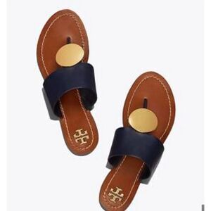 Tory Burch Patos Disk Sandal Navy Blue Leather Slip On Size 5 Slide $258.00